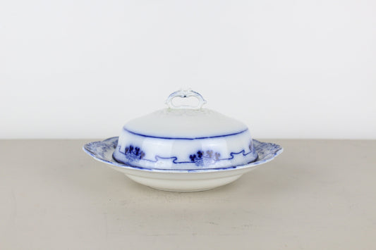 W.H. Grindley Lorne Flow Blue Covered Butter Serving Dish Ironstone With Insert 3-Piece England