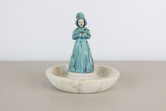 Antique Alabaster Dish Woman Holding Pitcher Trinket Dish Earring Holder