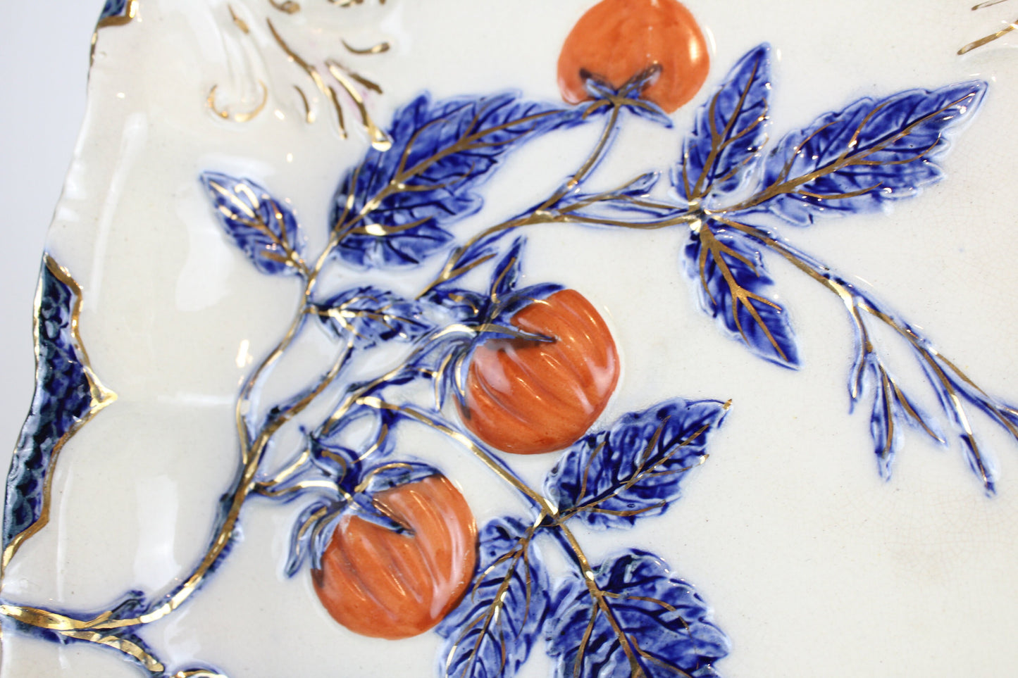 Antique Earthenware Chinoiserie Gilt White Blue Red Orange Fruit Square Raised Dish Bowl Plate 19th Century