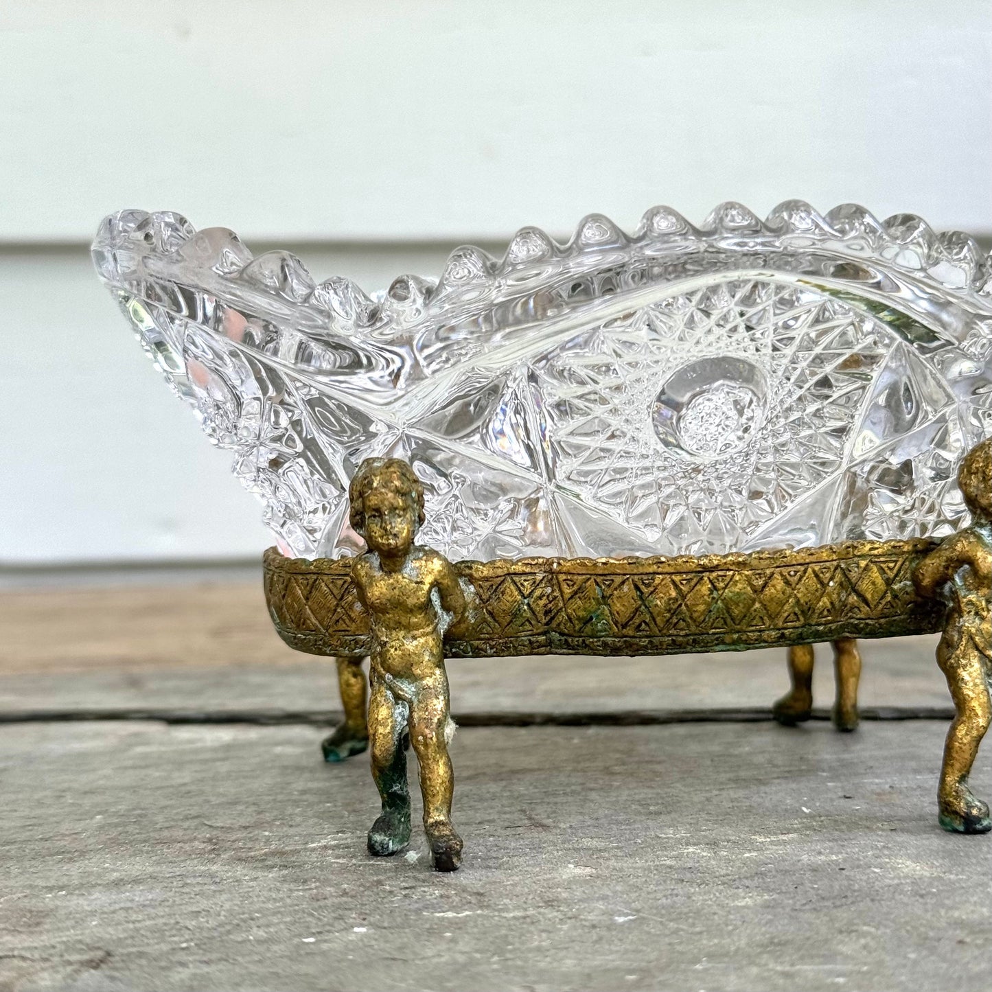 Globe Cherub Raised Cut Glass Ornate Glass Brass Catchall Dish