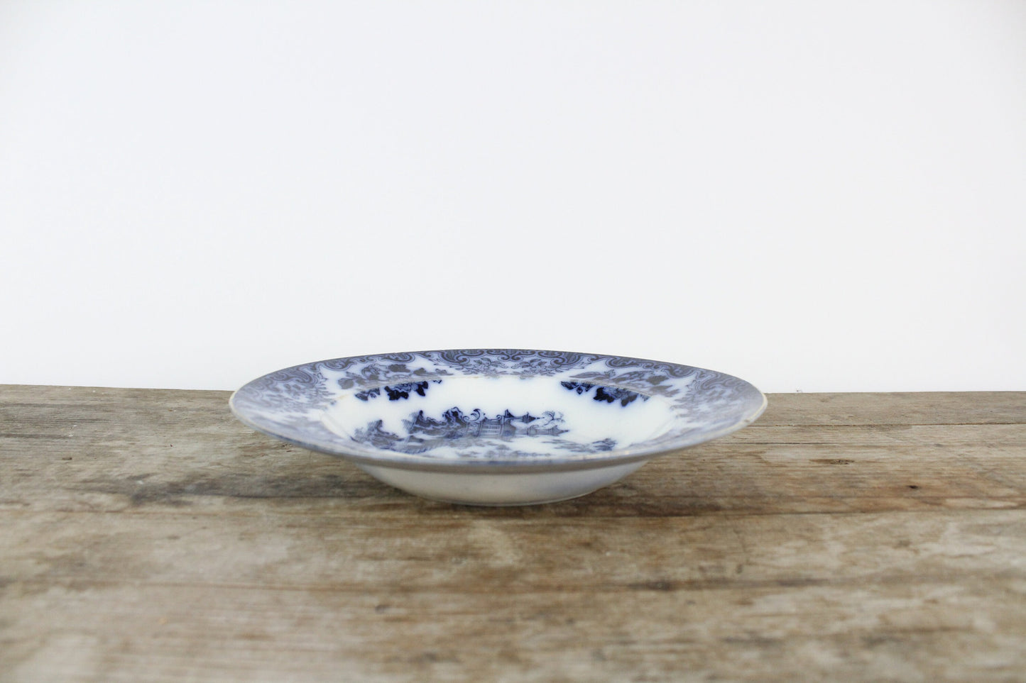 Furnivals England Shanghae Flow Blue White Soup Shallow Bowl Serving Piece Distressed Bowl China Ironstone
