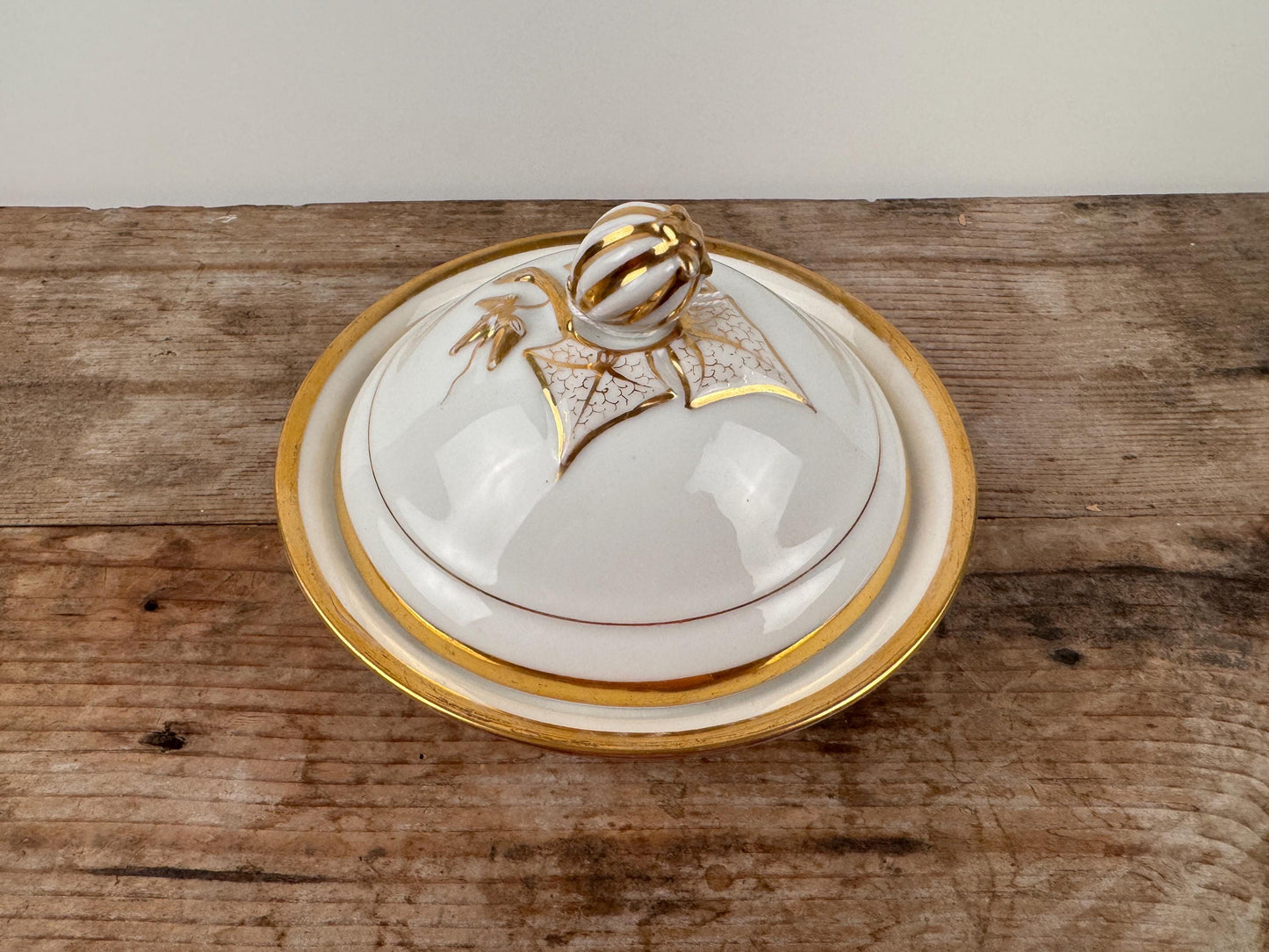 White Gold Limoges Covered Butter Serving Dish Ironstone With Insert 3-Piece