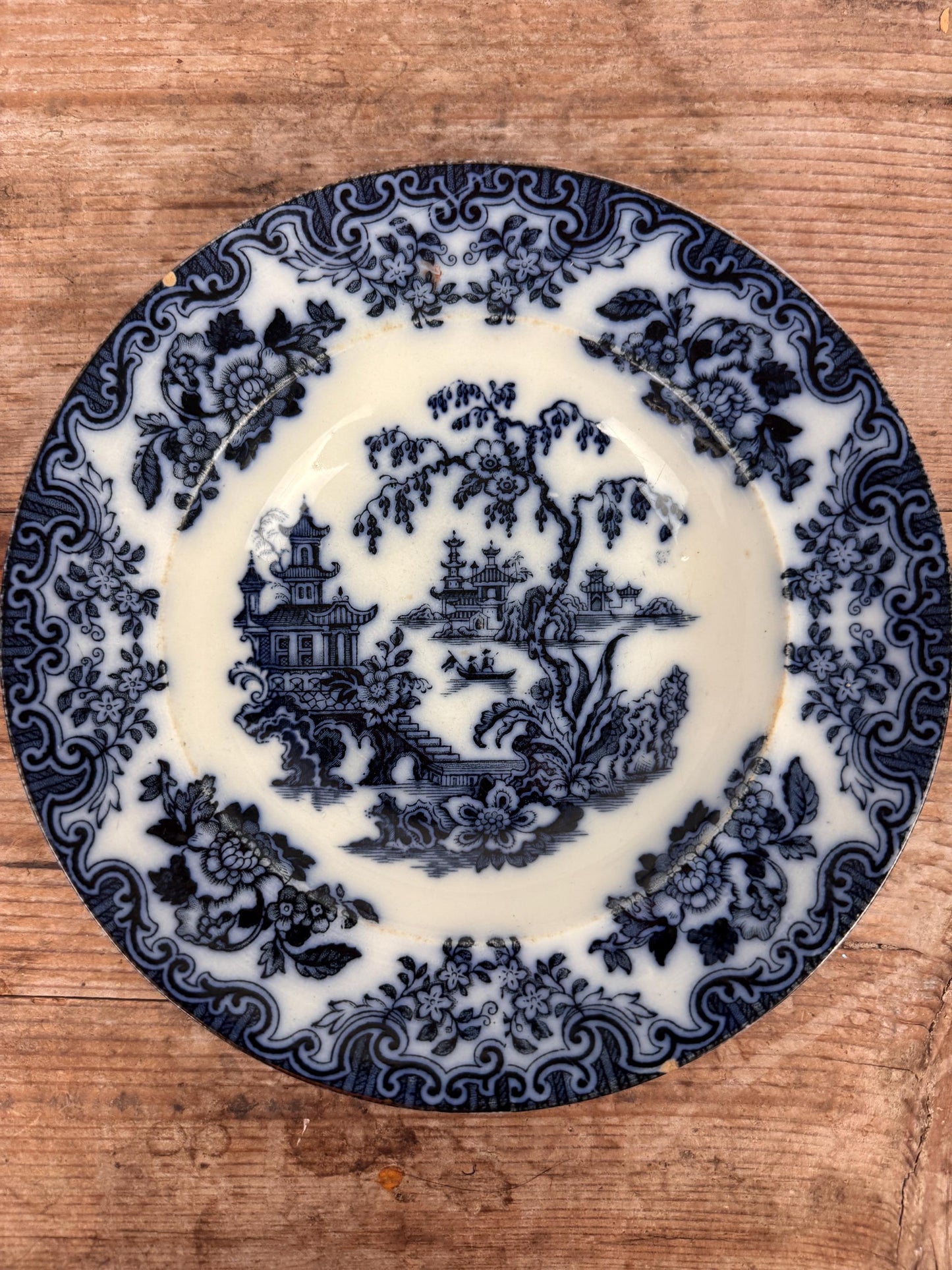Furnivals England Shanghae Flow Blue White Soup Shallow Bowl Serving Piece Distressed Bowl China Ironstone