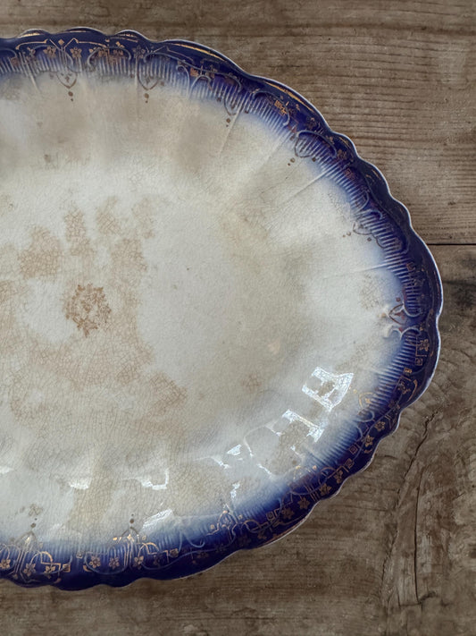 Limoges Antique Flow Blue Serving Transferware Platter Ironstone Distressed Crazed Plate Scalloped Oval