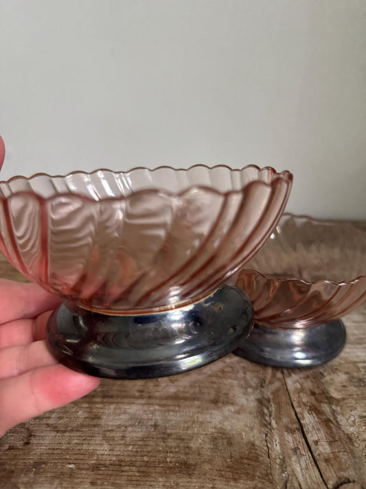 Vintage Lot of 2 Arcoroc France Pink 5" Metal Base Bowls Whirlwind Swirl