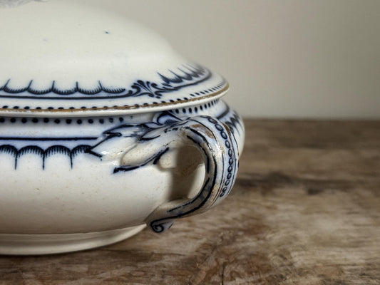 Antique Booths Simplex Blue and White Oval Covered Vegetable Dish Ironstone