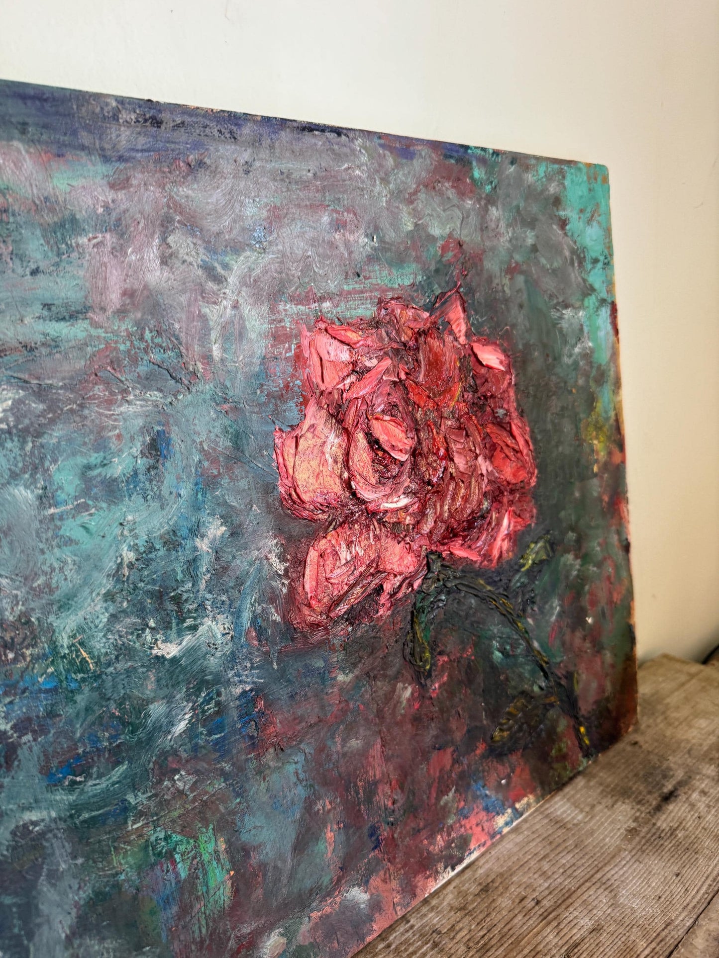 Vintage Impasto Rose Expressionist Floral Art Stretched Canvas 18x24" Original