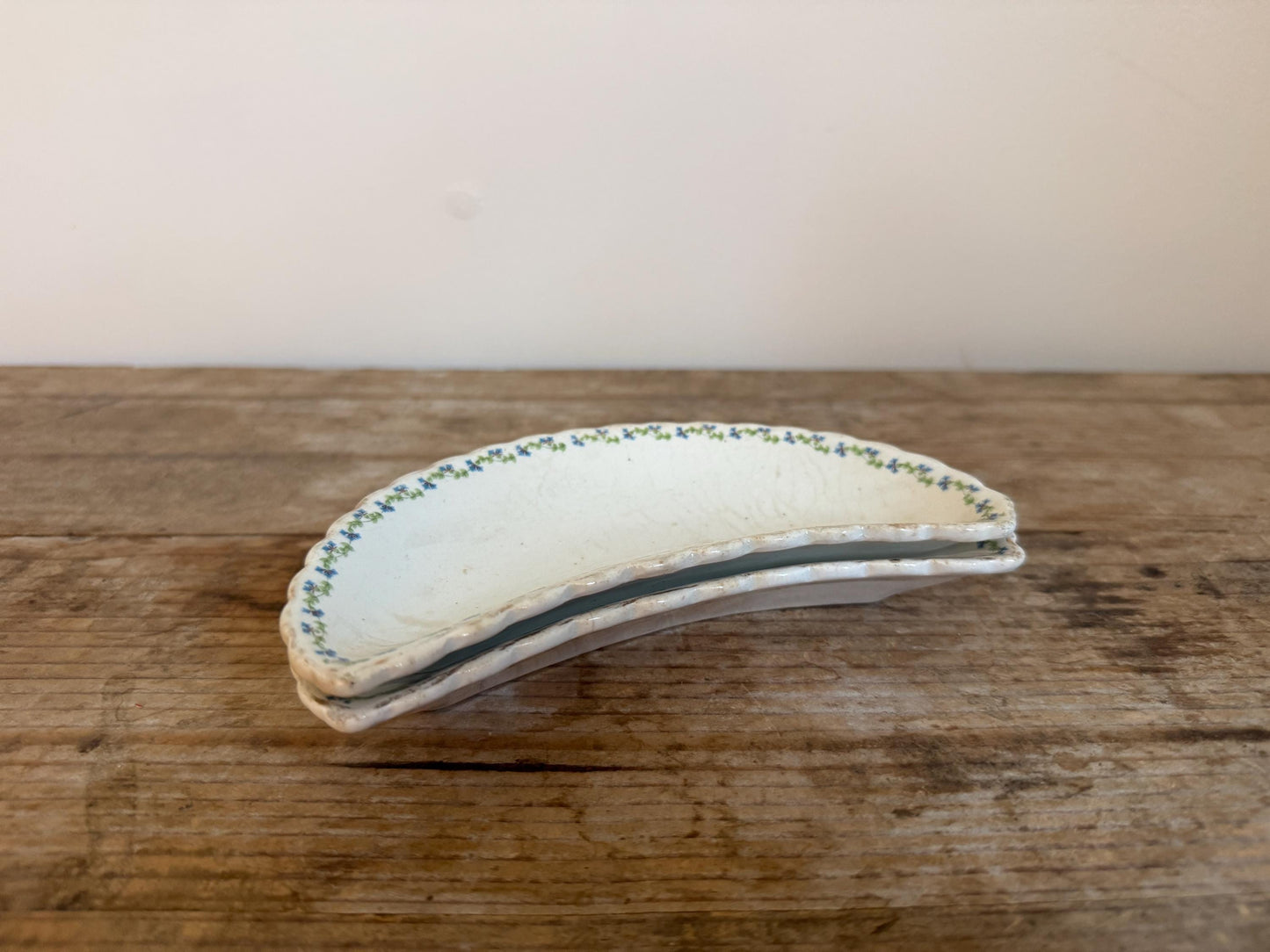 Antique Blue Green Crescent Transfer Ware Crazed White Small Serving Piece Ironstone Catchall Tray Bone Dish Manger