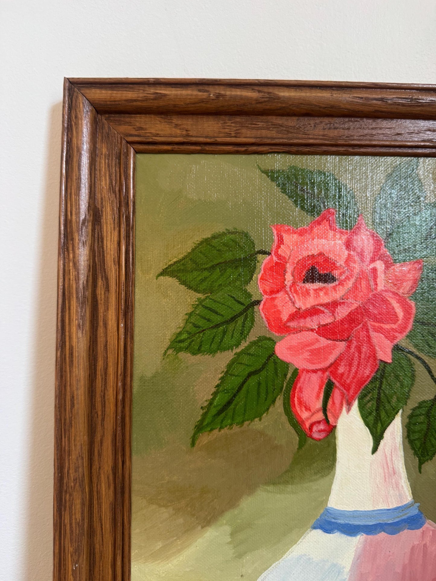 Framed Floral Vase Rose Fruit Hobby Painting Framed Vintage Naive Wall Art Ruth Upham