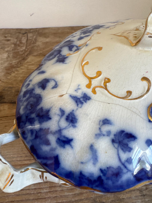 Antique Burgess & Leigh Vermont Covered Flow Blue Ironstone Covered Vegetable Dish Tureen