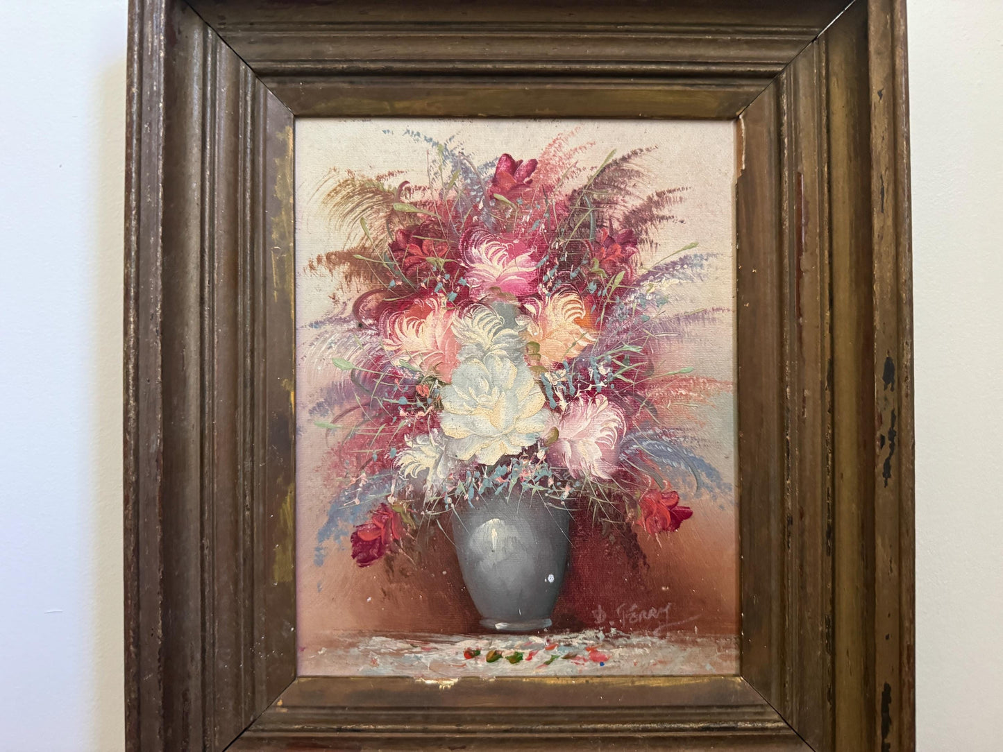 Antique Vintage D. Perry Framed Floral Vase Rose Fruit Framed Oil on Board Vintage Art