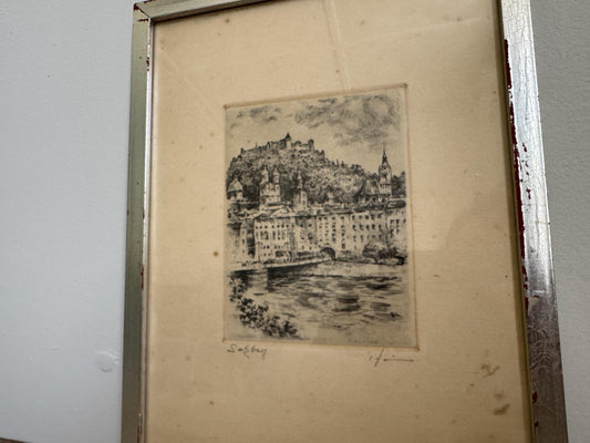 Vintage Pencil Signed Etching Silver Framed Print Salzburg Austria