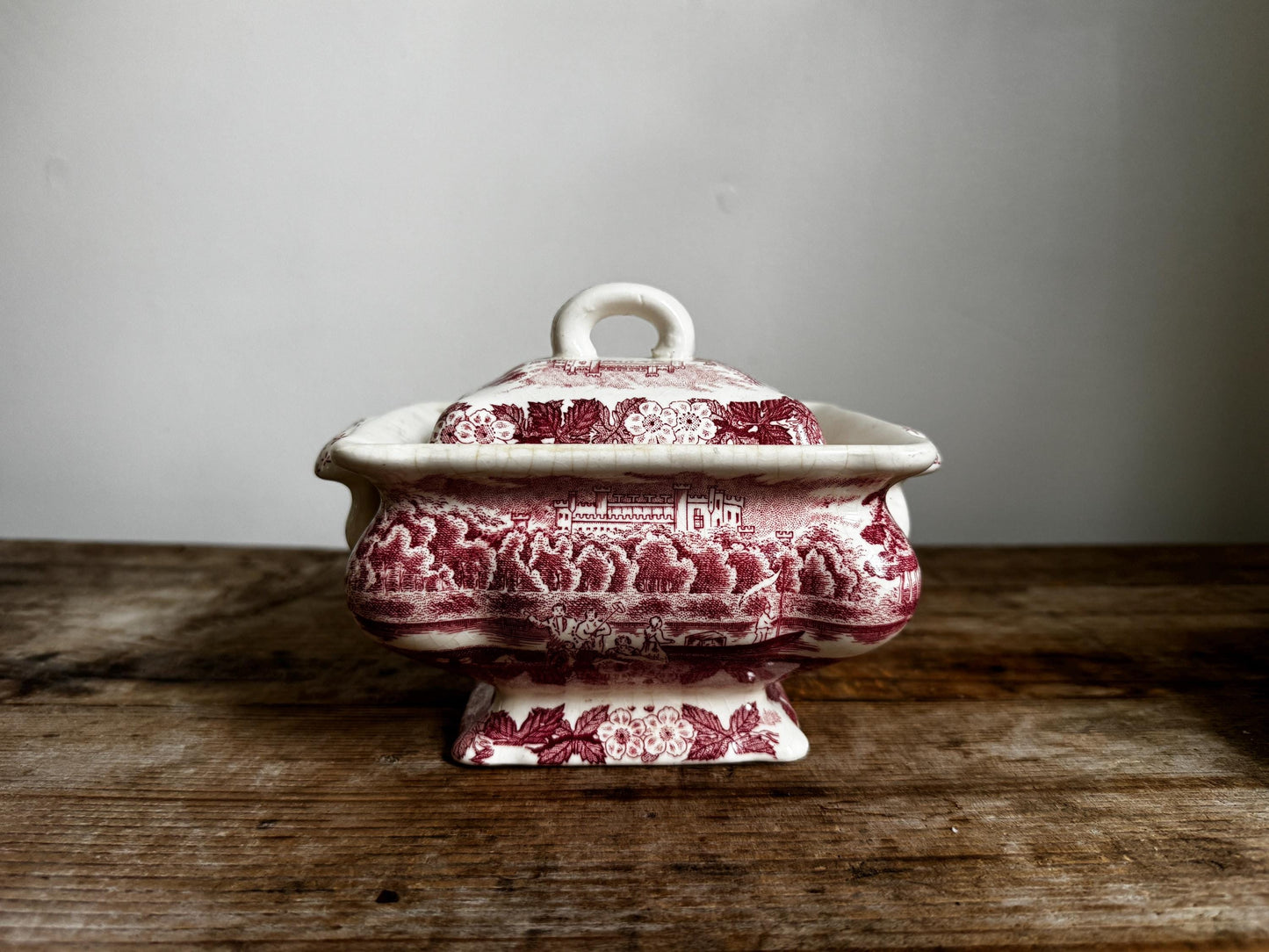 Antique Red Transferware Covered Sugar Bowl Double Handle Ironstone Gravy Spoon Slot