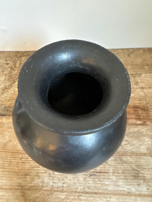 Vintage Mexican Black Clay Vase Pottery Vessel Barro Negro Style Globular Form Oaxaca 7.5 Inch