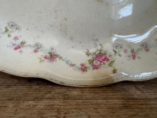 Antique Edwin M Knowles Floral China Transferware Platter Distressed Crazed Plate Scallop Oval Dish