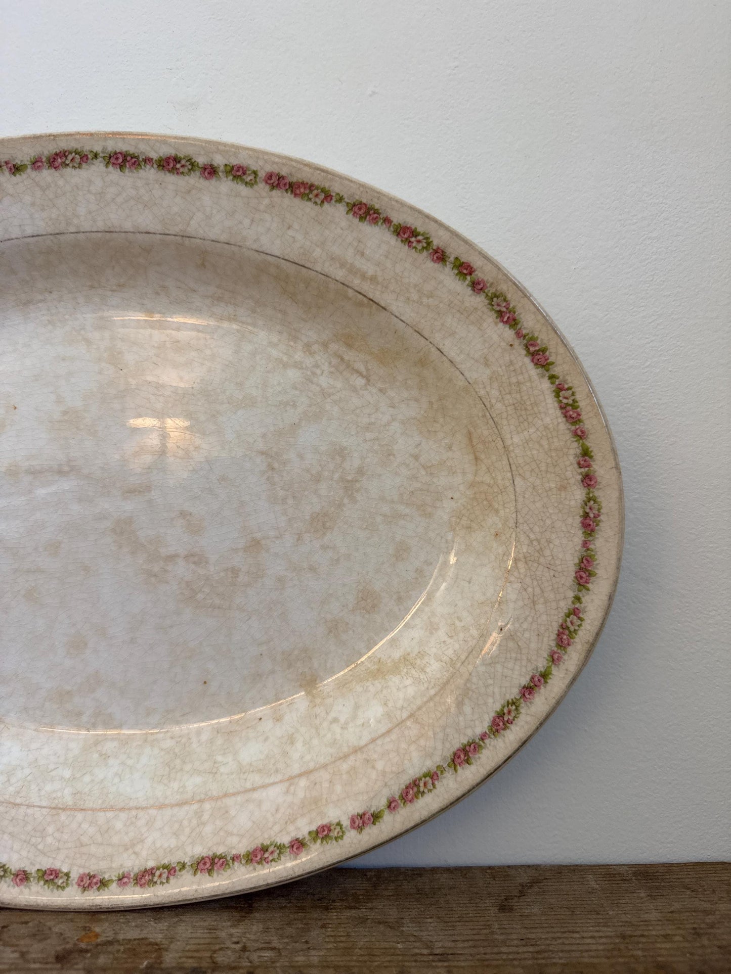 Antique Knowles Taylor Knowles KT&K Floral China Transferware Platter Distressed Crazed Plate Oval Dish