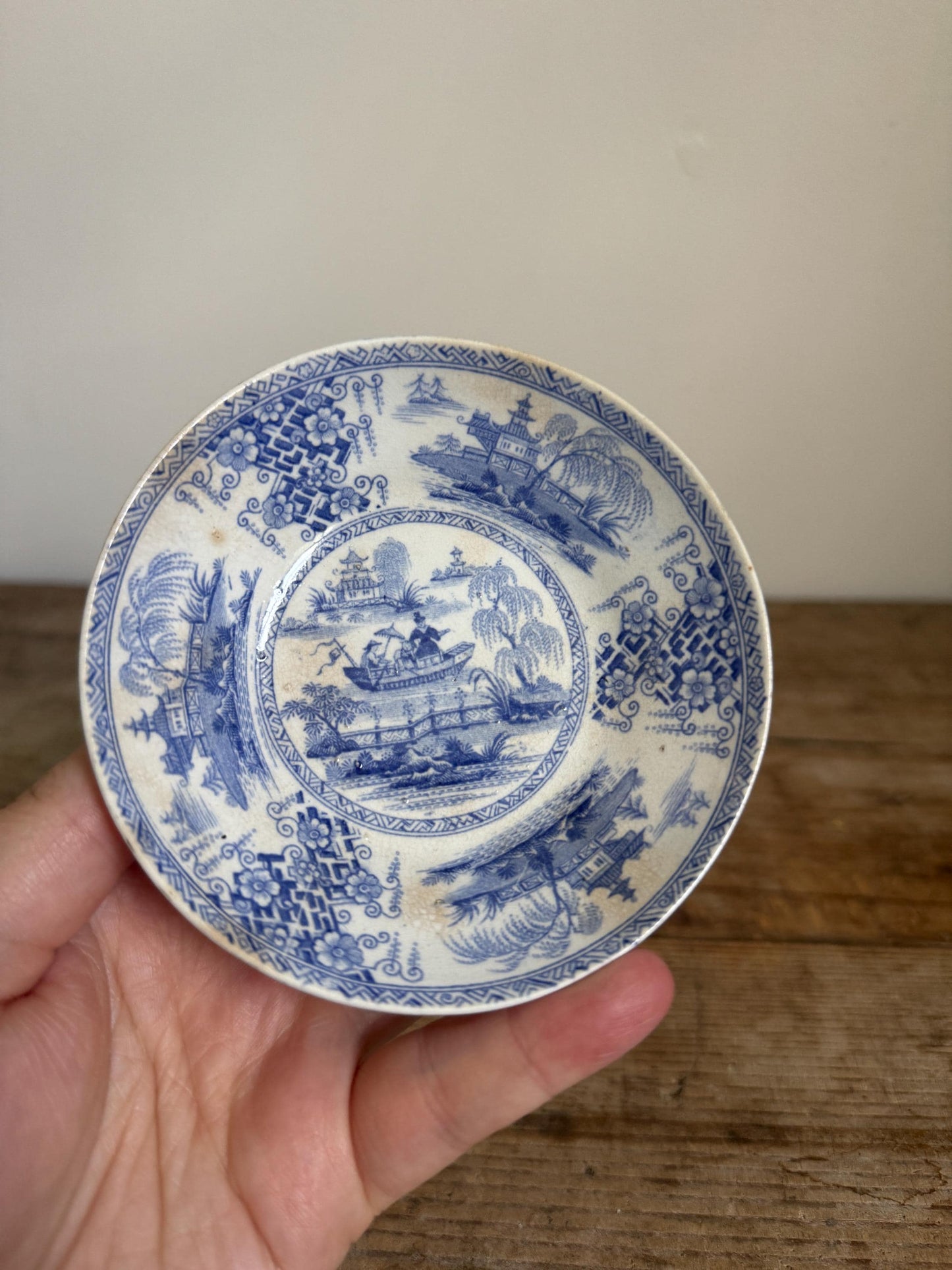 Antique Staffordshire Blue Transferware Mini Saucer Bowl Chinoiserie Pagoda Scene English