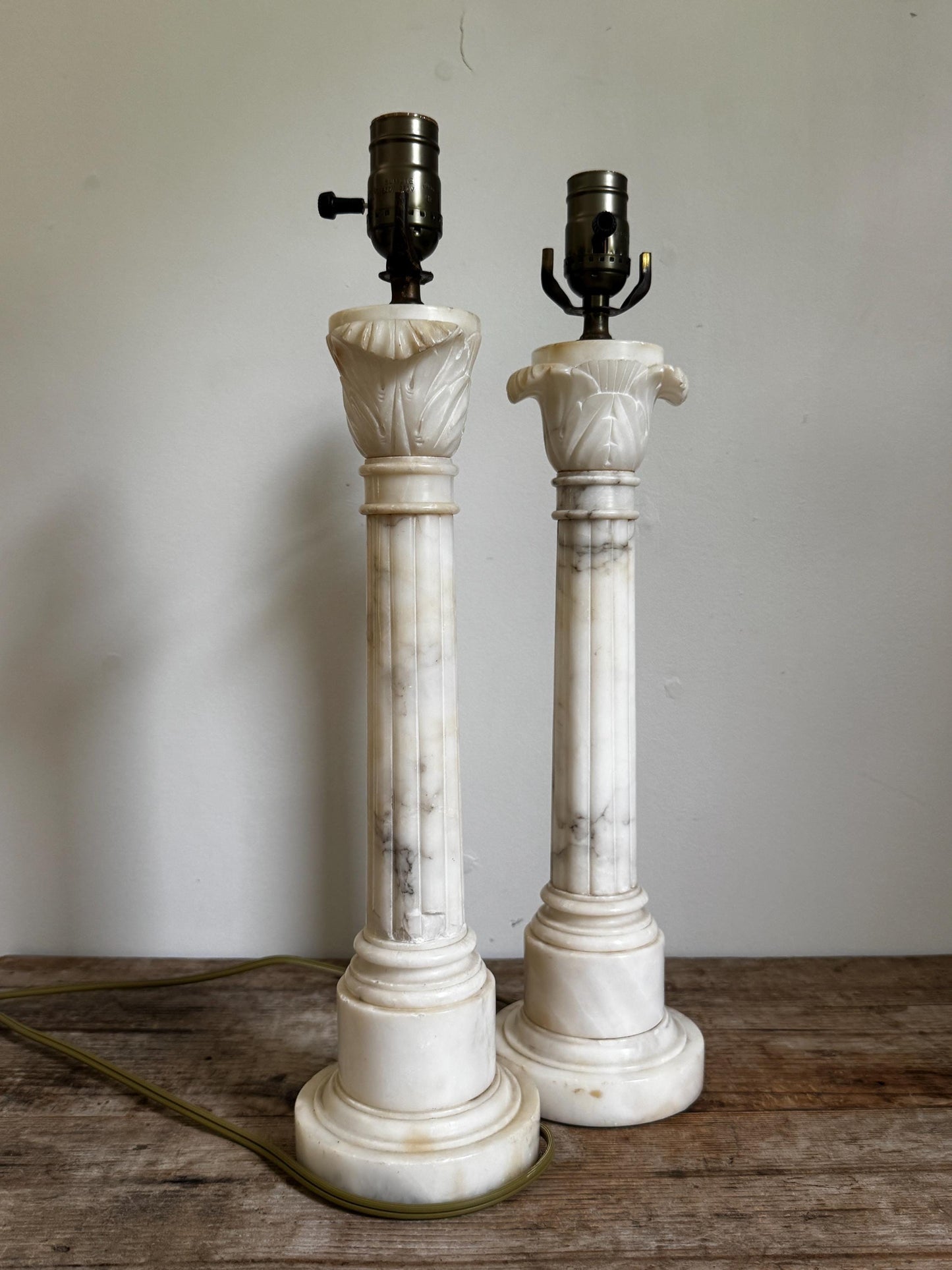 Antique Pair Neoclassical Tall Marble Alabaster Column White Grey Stone Lamp Antique Vintage