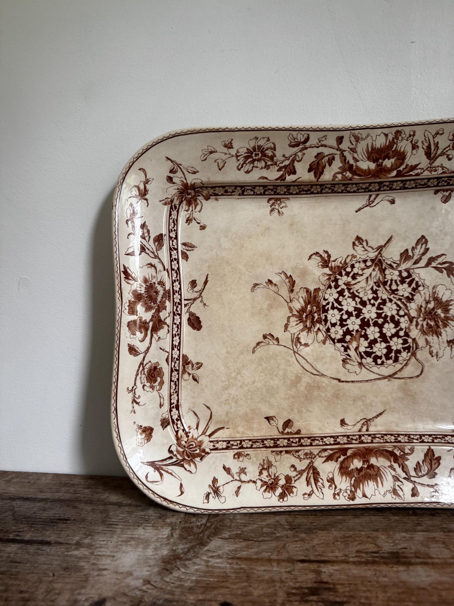 Antique Doultons Oxford Brown Transferware Stained Platter Distressed Crazed Plate Oval Dish Tray Platterr