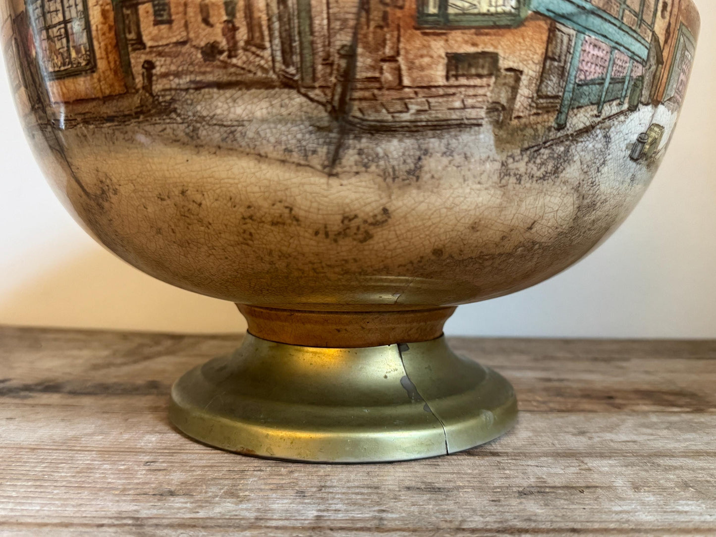 Antique Distressed Dickens Ware Large Noke Crazed Stained Pedestal Married Serving Bowl