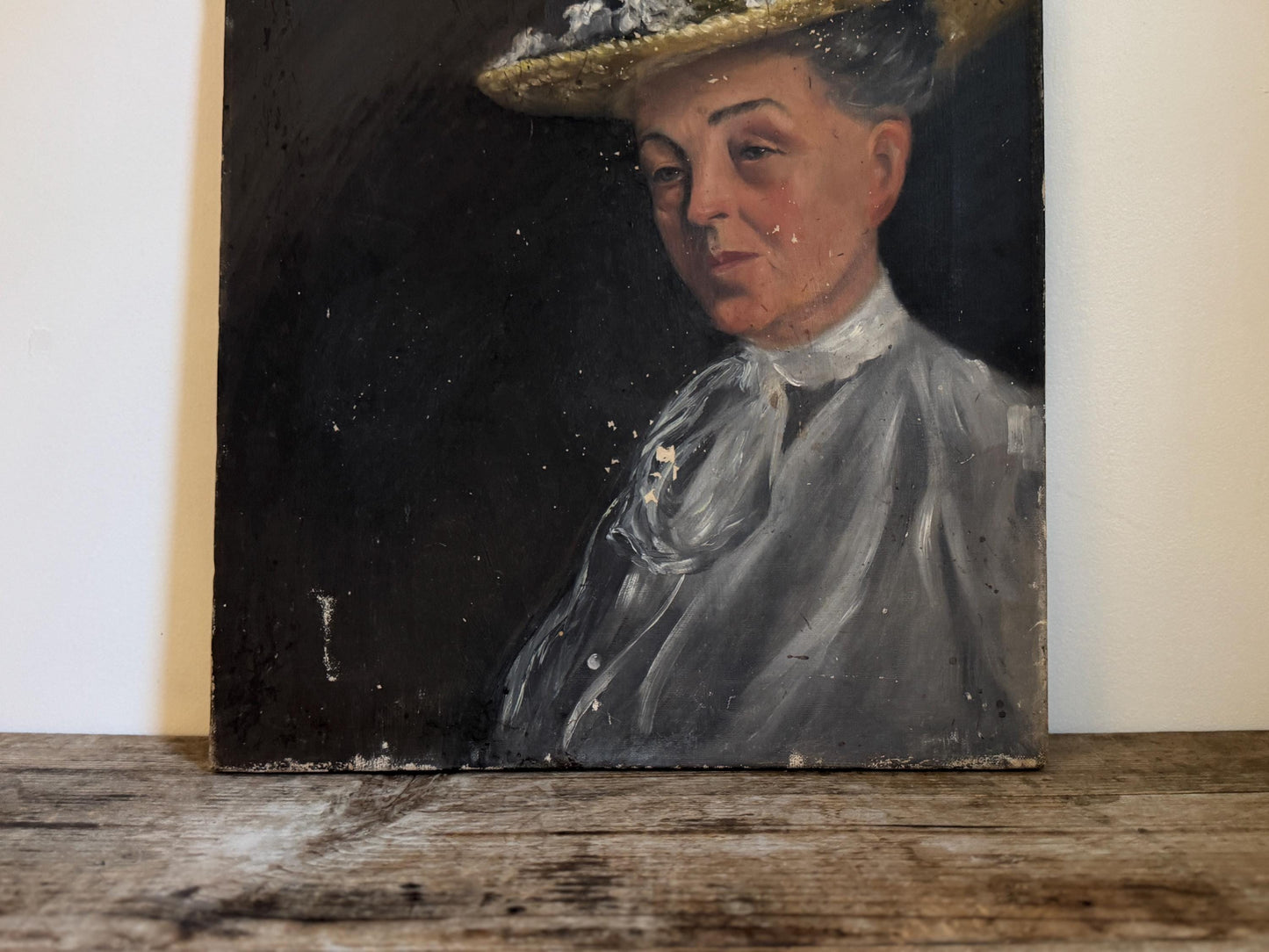 Antique Oil Portrait Woman Hat Canvas Unframed Hobby Painting Vintage Distressed Wall Art