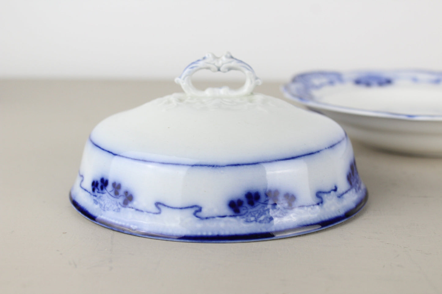 W.H. Grindley Lorne Flow Blue Covered Butter Serving Dish Ironstone With Insert 3-Piece England