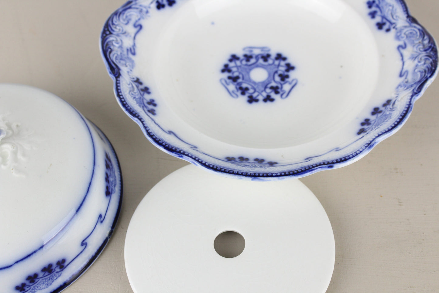 W.H. Grindley Lorne Flow Blue Covered Butter Serving Dish Ironstone With Insert 3-Piece England