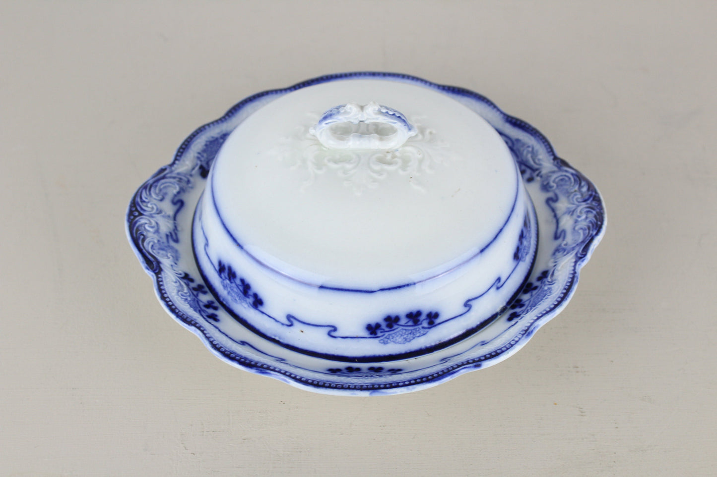 W.H. Grindley Lorne Flow Blue Covered Butter Serving Dish Ironstone With Insert 3-Piece England