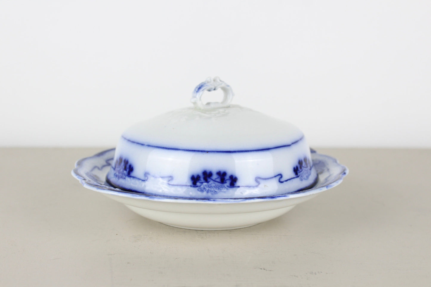 W.H. Grindley Lorne Flow Blue Covered Butter Serving Dish Ironstone With Insert 3-Piece England