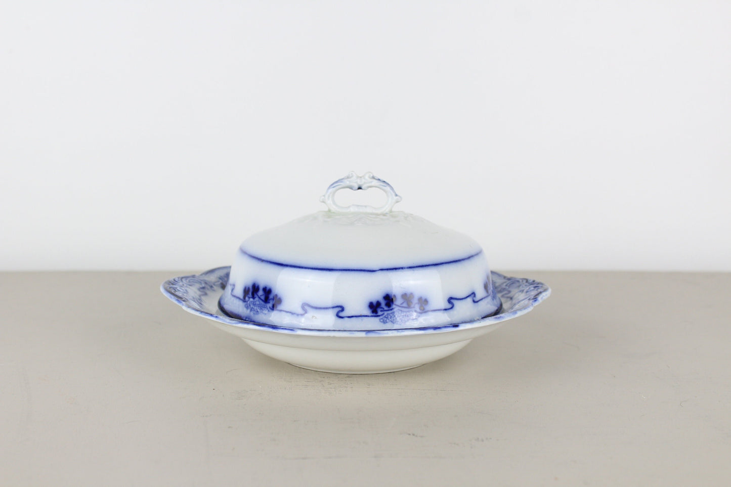 W.H. Grindley Lorne Flow Blue Covered Butter Serving Dish Ironstone With Insert 3-Piece England