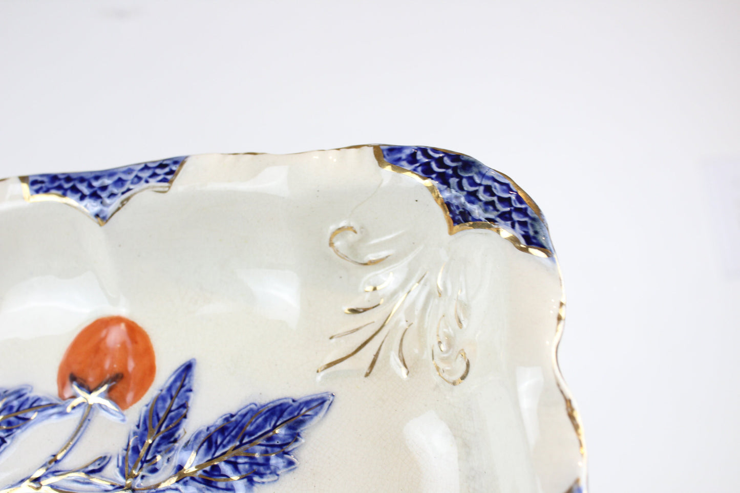 Antique Earthenware Chinoiserie Gilt White Blue Red Orange Fruit Square Raised Dish Bowl Plate 19th Century