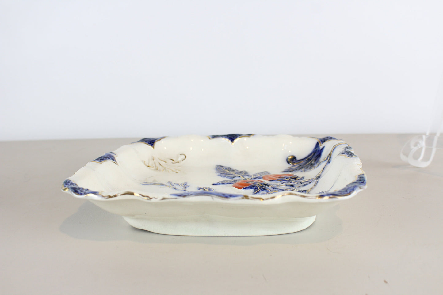 Antique Earthenware Chinoiserie Gilt White Blue Red Orange Fruit Square Raised Dish Bowl Plate 19th Century