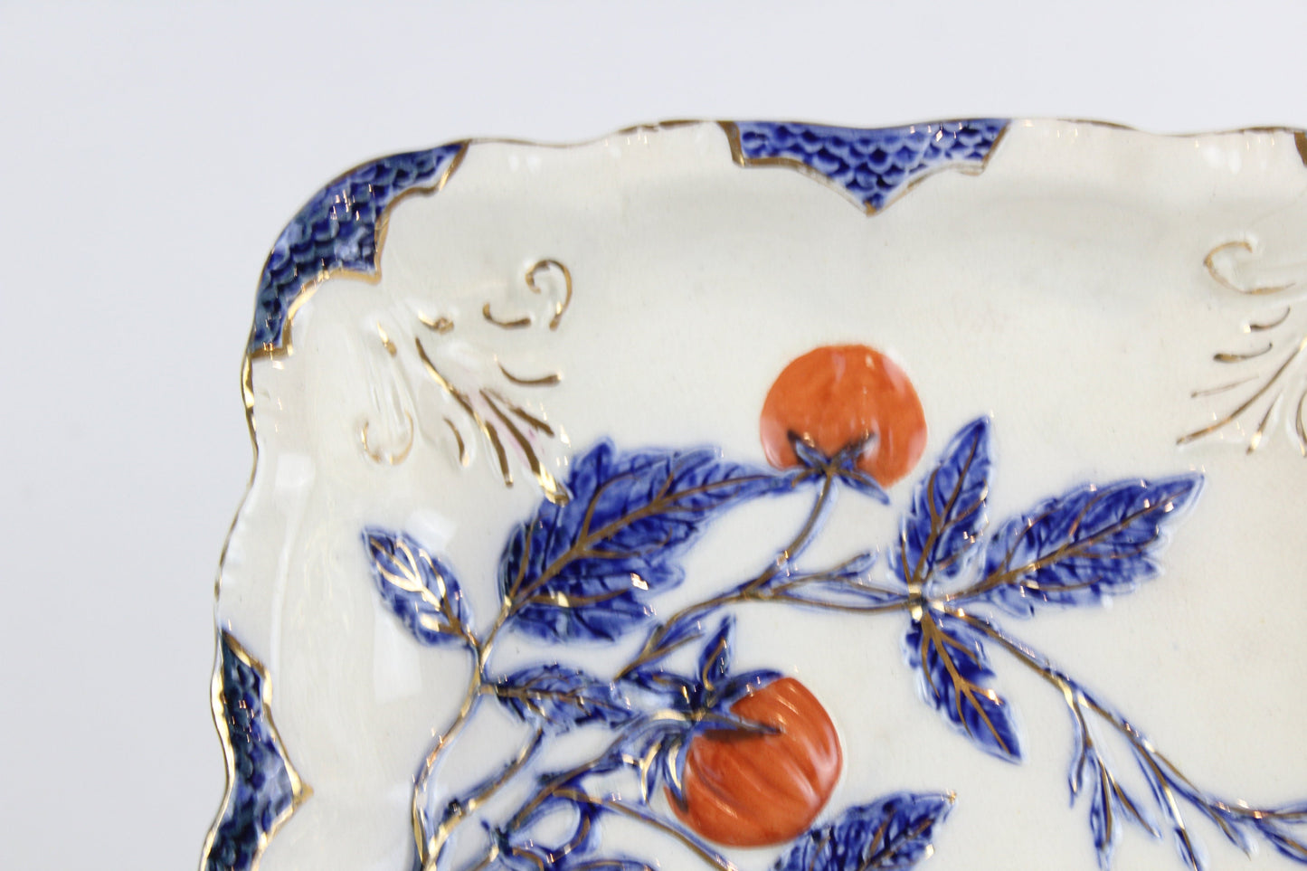 Antique Earthenware Chinoiserie Gilt White Blue Red Orange Fruit Square Raised Dish Bowl Plate 19th Century