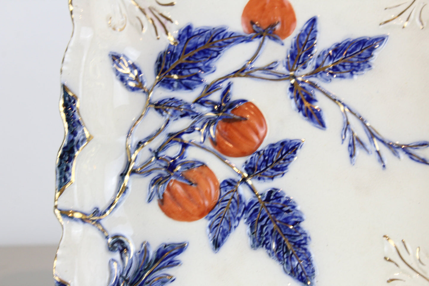 Antique Earthenware Chinoiserie Gilt White Blue Red Orange Fruit Square Raised Dish Bowl Plate 19th Century