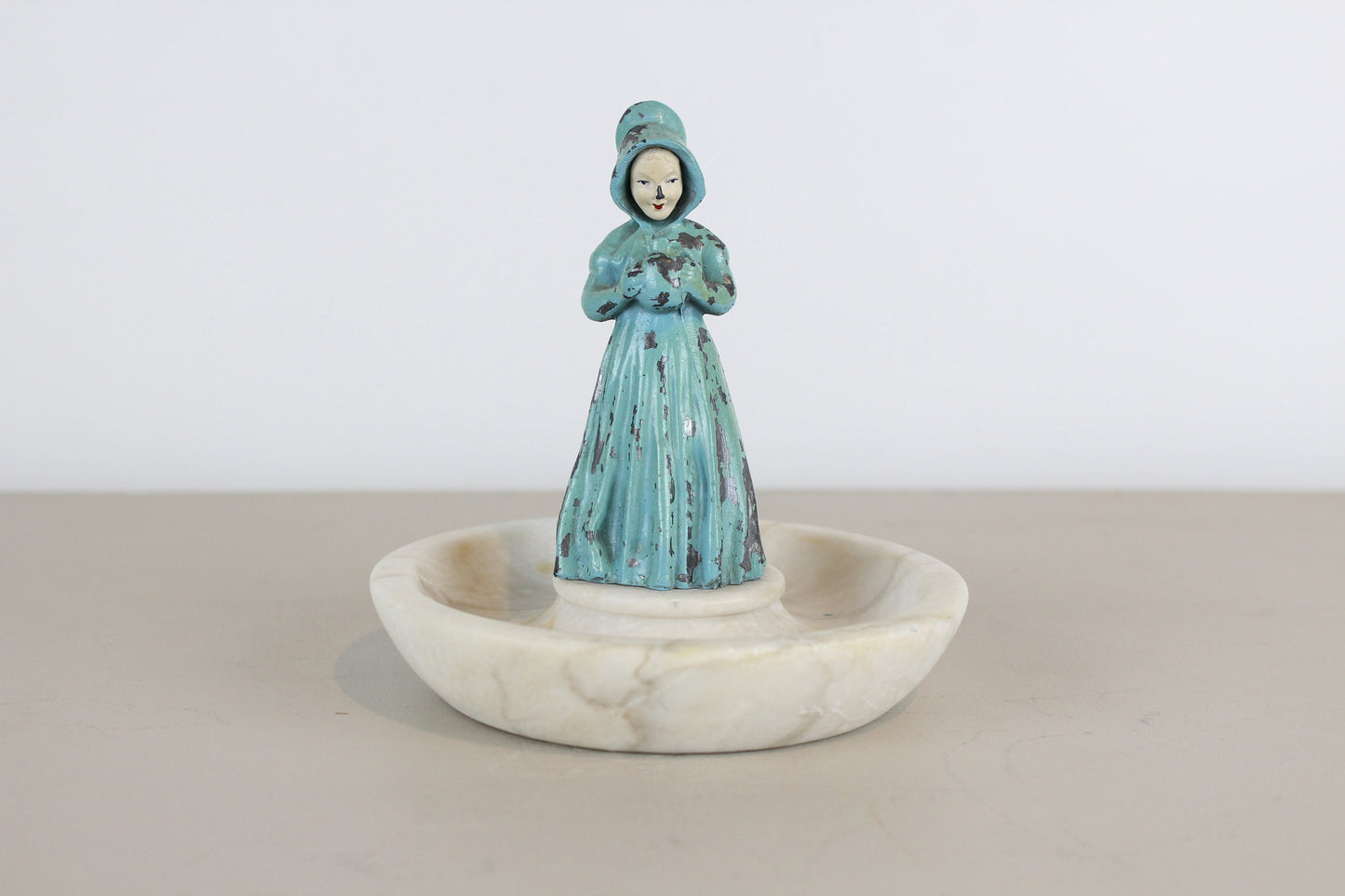 Antique Alabaster Dish Woman Holding Pitcher Trinket Dish Earring Holder