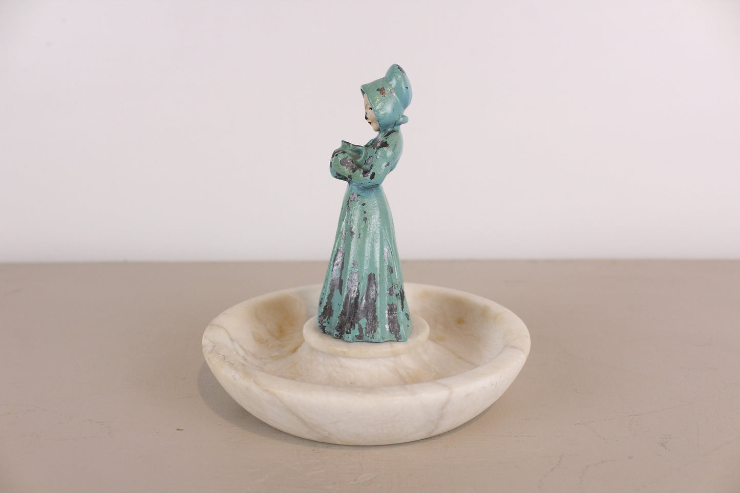Antique Alabaster Dish Woman Holding Pitcher Trinket Dish Earring Holder