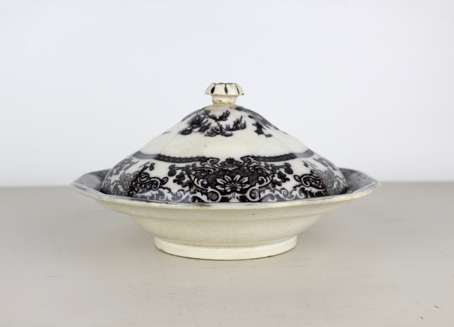 Rare PW&Co Corean Mulberry Covered Butter Dish Flow Black Covered Butter Serving Dish Ironstone