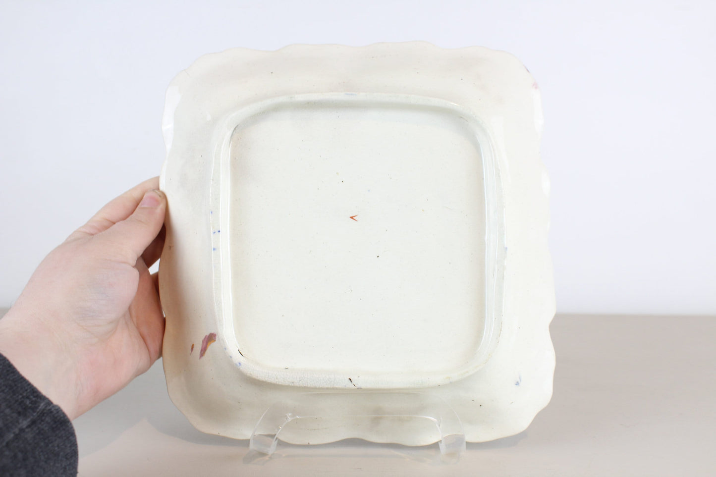 Antique Earthenware Chinoiserie Gilt White Blue Red Orange Fruit Square Raised Dish Bowl Plate 19th Century