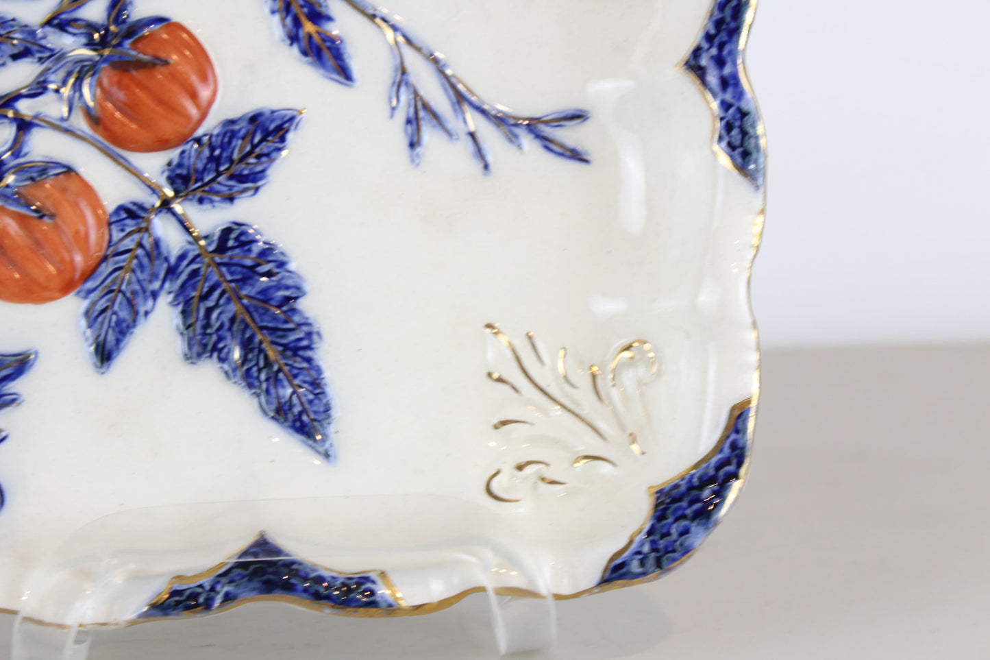 Antique Earthenware Chinoiserie Gilt White Blue Red Orange Fruit Square Raised Dish Bowl Plate 19th Century