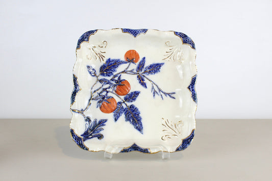 Antique Earthenware Chinoiserie Gilt White Blue Red Orange Fruit Square Raised Dish Bowl Plate 19th Century