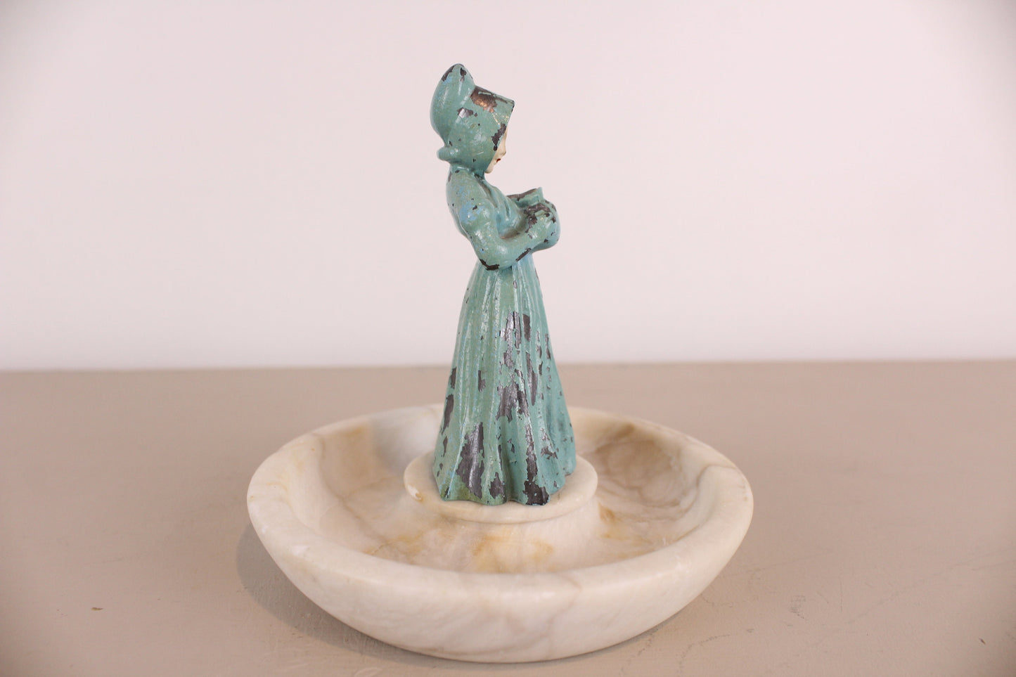 Antique Alabaster Dish Woman Holding Pitcher Trinket Dish Earring Holder