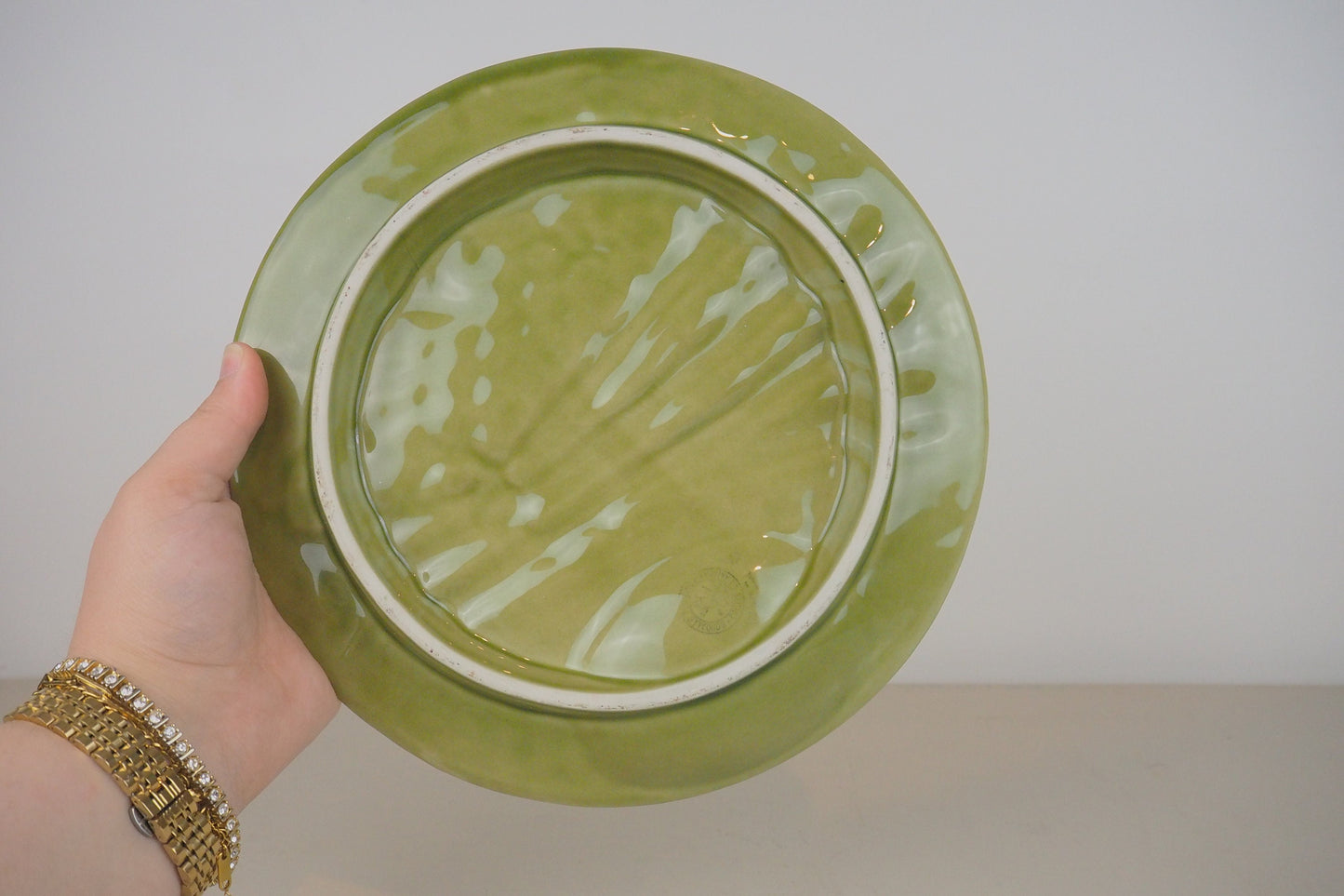 Bordallo Pinheiro Green Asparagus Majolica Plate with Well