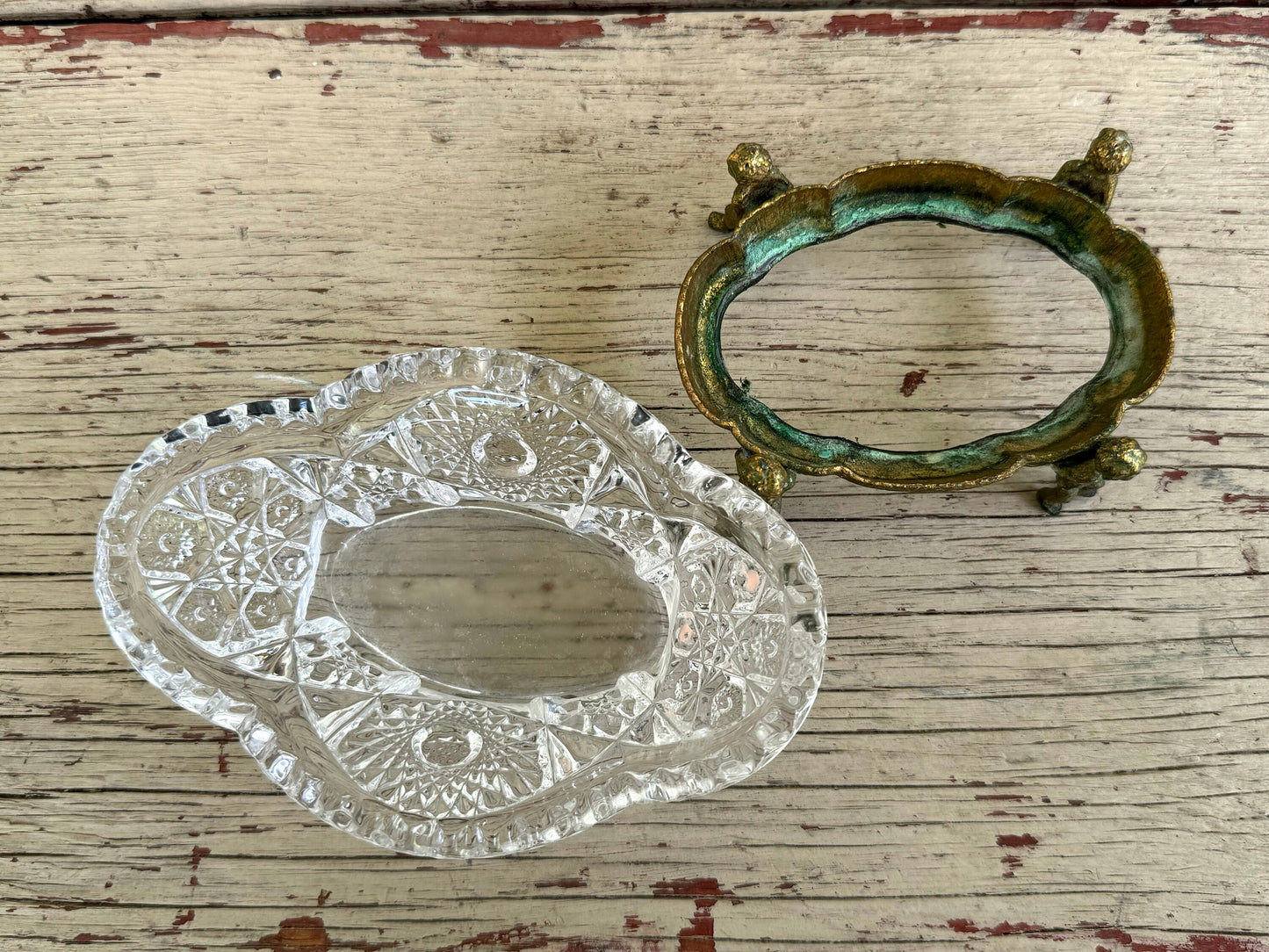 Globe Cherub Raised Cut Glass Ornate Glass Brass Catchall Dish
