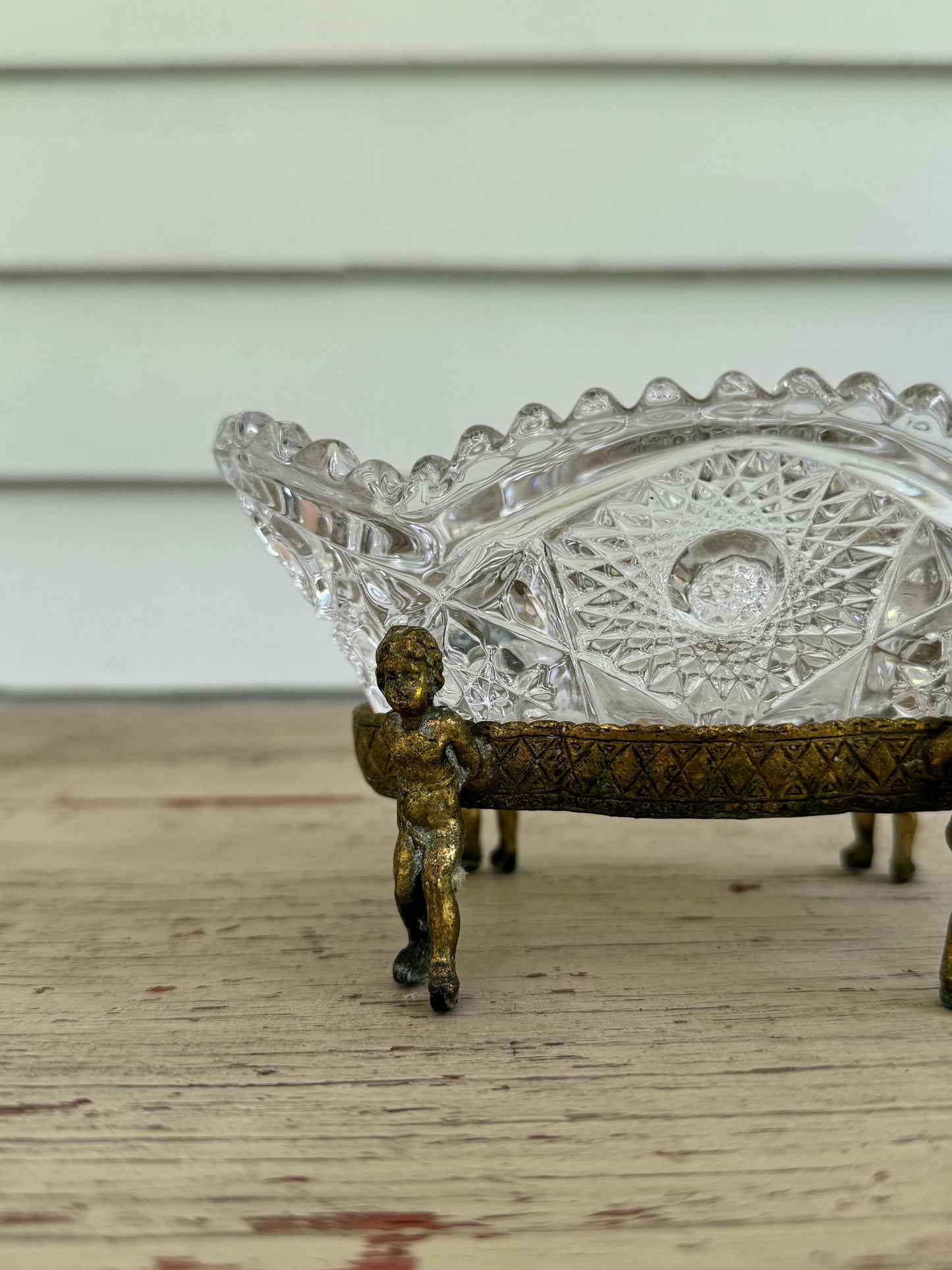 Globe Cherub Raised Cut Glass Ornate Glass Brass Catchall Dish