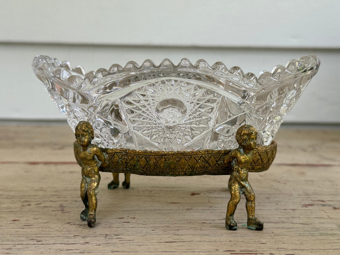 Globe Cherub Raised Cut Glass Ornate Glass Brass Catchall Dish