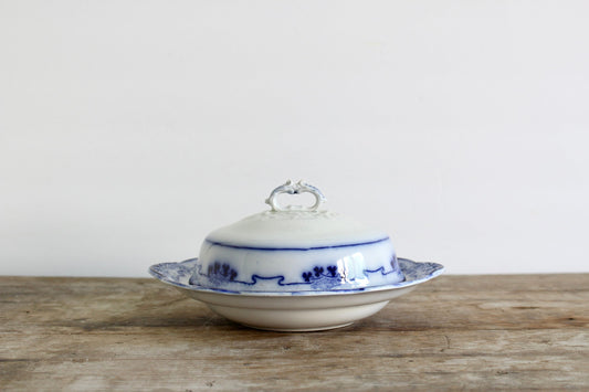 W.H. Grindley Lorne Flow Blue Covered Butter Serving Dish Ironstone With Insert 3-Piece England
