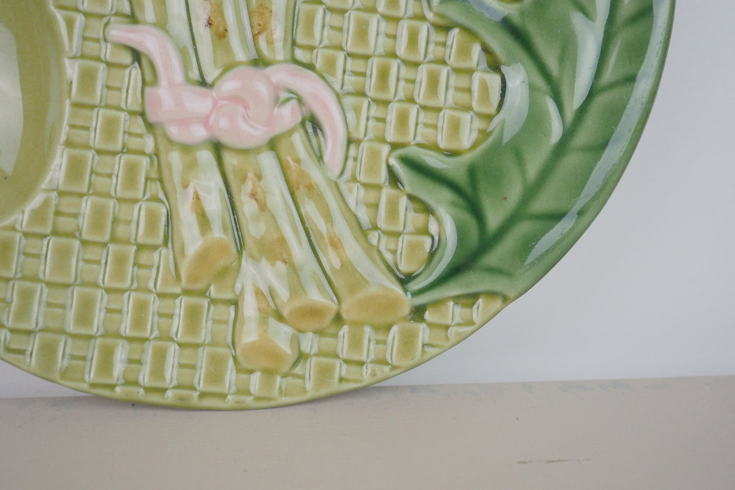Bordallo Pinheiro Green Asparagus Majolica Plate with Well