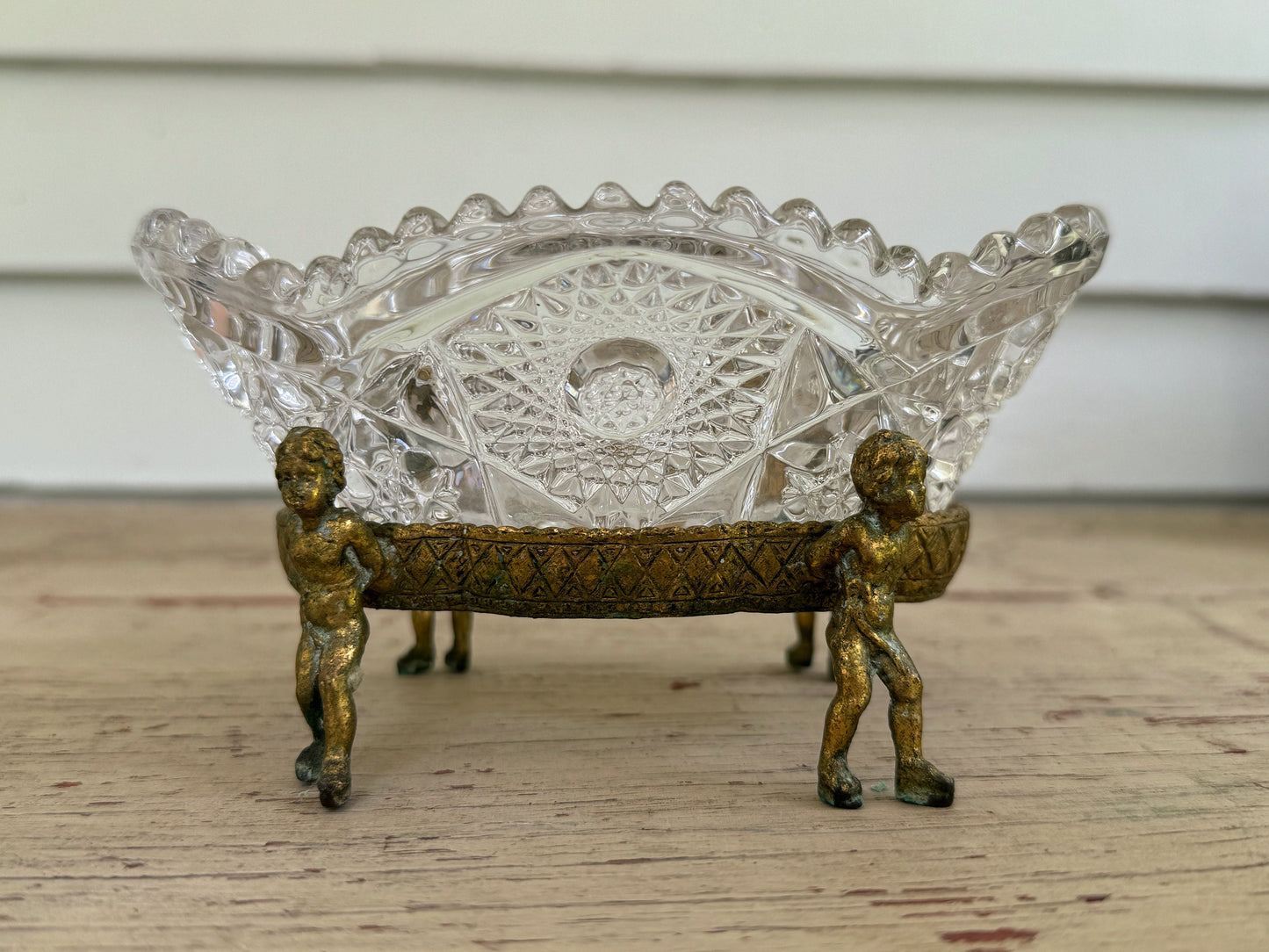 Globe Cherub Raised Cut Glass Ornate Glass Brass Catchall Dish