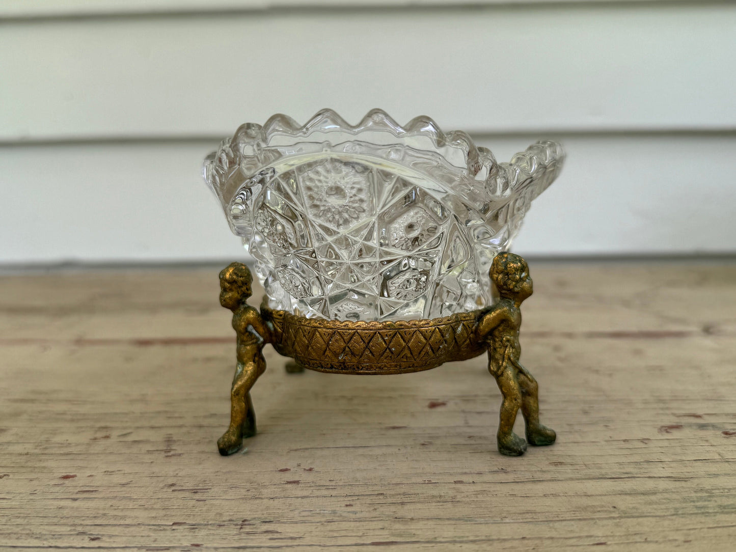 Globe Cherub Raised Cut Glass Ornate Glass Brass Catchall Dish