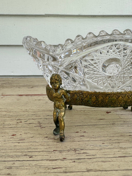 Globe Cherub Raised Cut Glass Ornate Glass Brass Catchall Dish